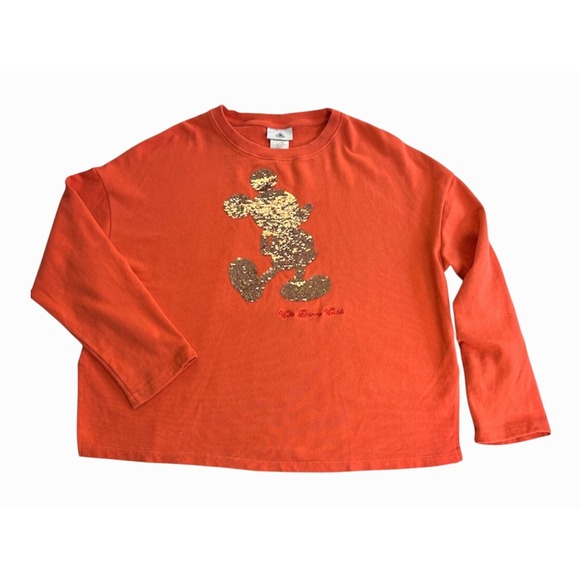 Disney Tops - Disney Park Mickey Mouse Sweatshirt Womens sz M Coral/Orange Gold Sequin Glitzy